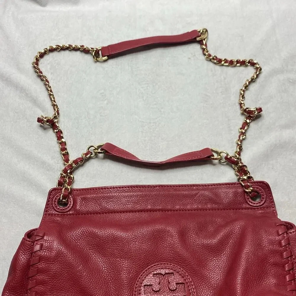 Tory Burch Marion Red Leather Saddle Bag with Gold Hardware